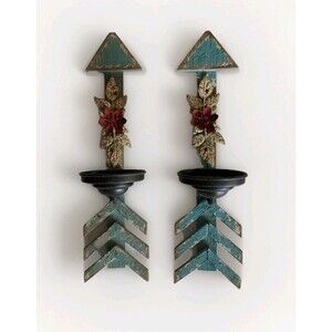 2 Folk Art Wood Arrow Candle Sconces Metal Flower Motif & Folding Cup 15.5"